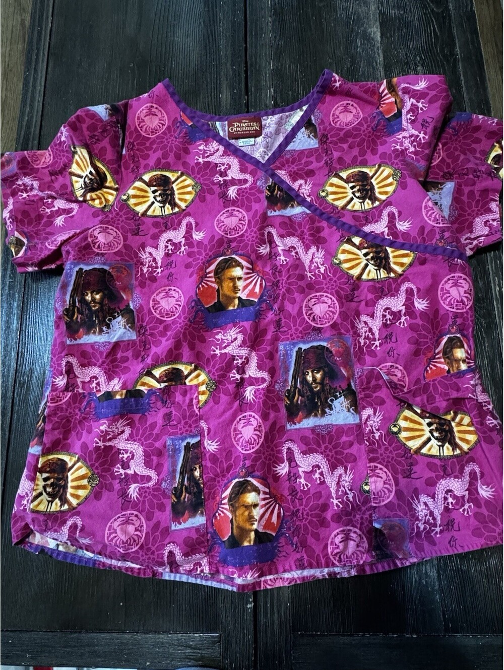 Disney Women’s Pirates Of The Caribbean Pink Size XXL Scrub Top.  World’s End